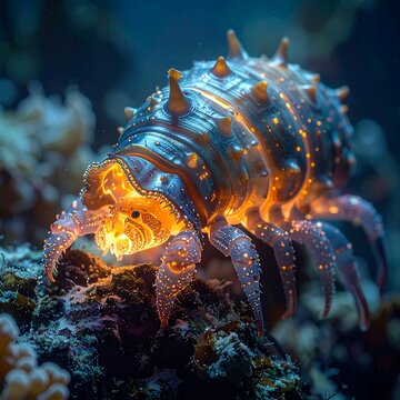 Bioluminescent deep-sea isopod glowing in the dark ocean depths.