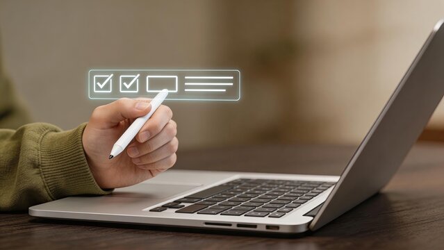 Hand holding stylus pen selecting checklist options on laptop digital survey online form data entry user interface business concept remote work modern office technology