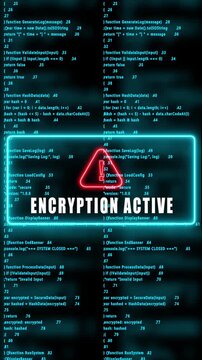 encryption active warning hacked mobile phone screen. Error signal loop. Virus code and software hack concept. Cyber security. Vertical video footage