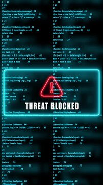threat blocked warning hacked mobile phone screen. Error signal loop. Virus code and software hack concept. Cyber security. Vertical video footage