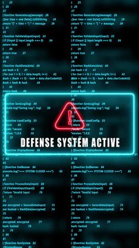 defense system active  warning hacked mobile phone screen. Error signal loop. Virus code and software hack concept. Cyber security. Vertical video footage