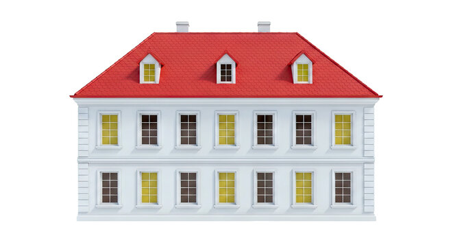 Two-story house with red mansard roof and white facade