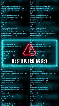 restricted access warning hacked mobile phone screen. Error signal loop. Virus code and software hack concept. Cyber security. Vertical video footage