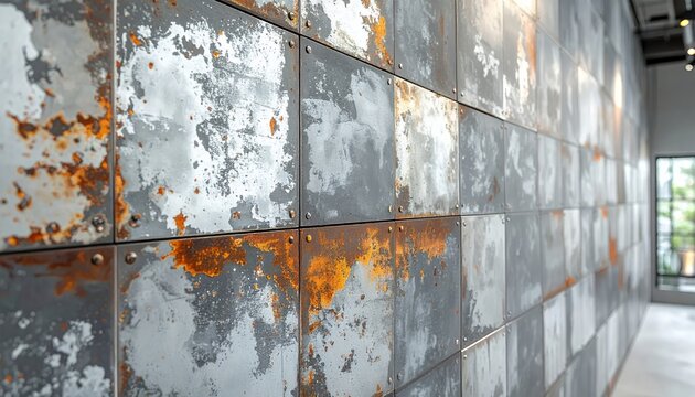 Close-up of a weathered metal wall with visible rust and peeling paint, creating a textured industrial background.