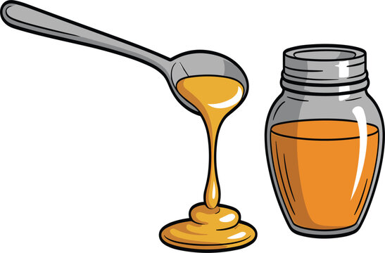 Honey jar and spoon vector illustration, golden organic honey pouring from a metal spoon, flat cartoon design for sweet food and natural product concepts, isolated on white background