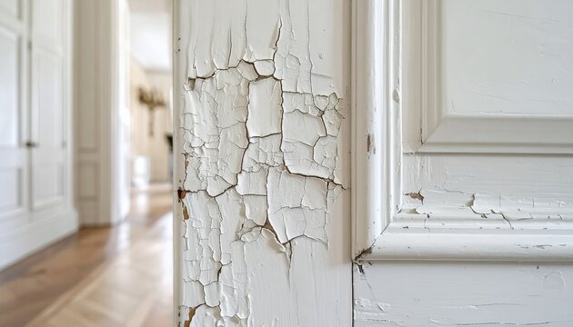 Close-up of peeling white paint on an old wall, showing damage and the need for renovation.