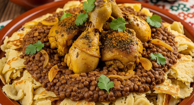 Hearty Moroccan Rfissa, featuring tender chicken, spiced lentils, and shredded msemen flatbread, creates a rich.