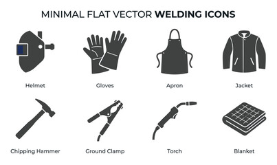 Fototapeta premium Minimalist Flat Vector Icons for Welding: Helmet, Gloves, Apron, Jacket, Hammer, Clamp, Torch, Blanket