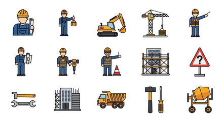 Construction Icons: Workers, Machinery, Buildings, Tools, and Safety Signs © Berkah