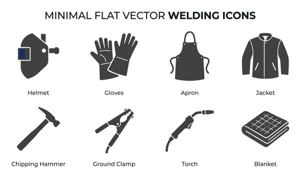 Minimalist Flat Vector Icons for Welding: Helmet, Gloves, Apron, Jacket, Hammer, Clamp, Torch, Blanket
