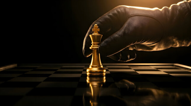Hand placing gold chess king for checkmate on black board, active leadership and strategy win concept