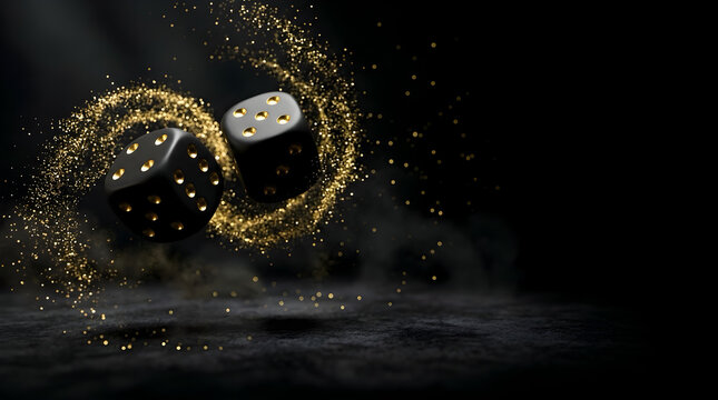Black matte dice with gold pips in mid-air motion, active business decision and risk management chance concept