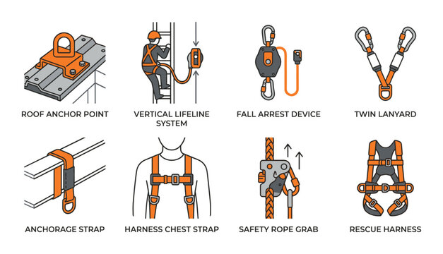 Set of Fall Protection Gear: Anchor Points, Harnesses, Lifelines, and Arrest Devices