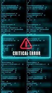 CRITICAL ERROR warning hacked mobile phone screen. Error signal loop. Virus code and software hack concept. Cyber security. Vertical video footage