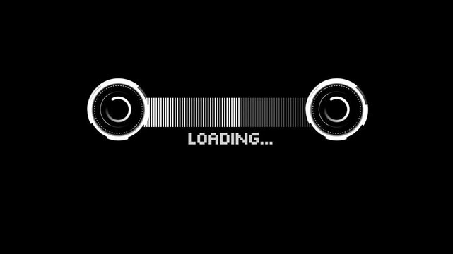 Minimalist loading bar with circular dials and the word Loading in a dark UI style.