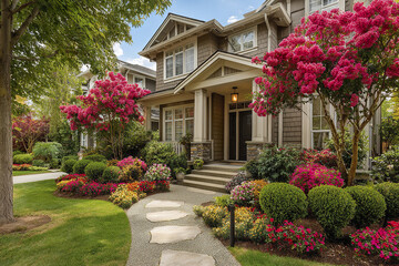 Beautiful residential property with well maintained garden featuring vibrant pink flowering trees, colorful flower beds, and stone pathway leading to front porch under clear sky