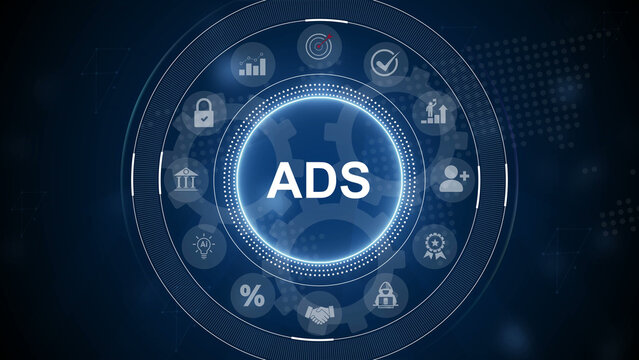 Programmatic Advertising concept. Digital marketing concept, online advertisement, ad on website and social media. Business, Technology, Motion graphics of icon symbol background