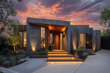 Fototapeta premium Modern house exterior at sunset with warm lighting concrete facade wooden accents and landscaped garden creating cozy inviting atmosphere under dramatic colorful sky