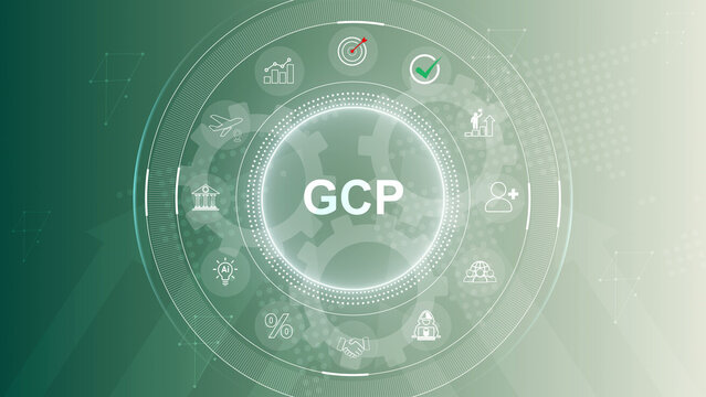 GCP - Good Clinical practices Acronym. Modern business technology interface with gears and digital network icons. Motion graphics of icon symbol background