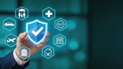 Fototapeta premium Businessman holding digital shield icon with protection symbols for insurance security health and safety representing comprehensive coverage risk management and 247 service in