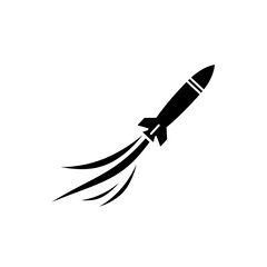 Obraz premium A sleek black silhouette icon of a rocket or missile ascending with a powerful trail. Ideal for themes of space travel, military, innovation, or startup launches. Clean vector graphic.