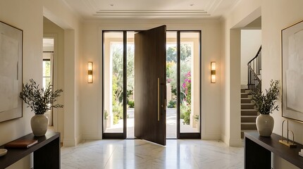 Fototapeta premium A sophisticated entryway designed for an agente immobiliare listing featuring a grand modern dark wood pivot door and elegant marble flooring interior.