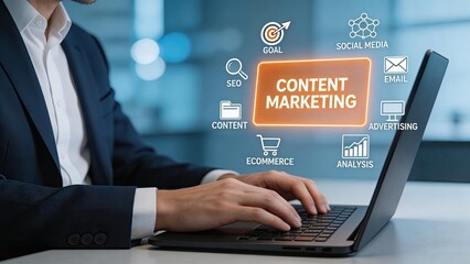 Fototapeta premium Businessman typing on laptop with content marketing strategy hologram icons including SEO social media email advertising ecommerce analysis goal and content for digital business
