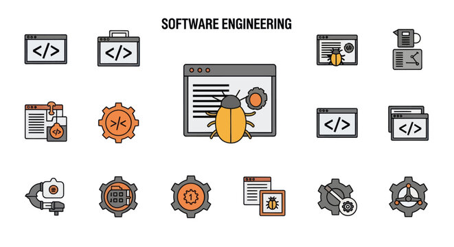 Software Engineering Icons: Coding, Debugging, Development, Bugs, Code Optimization