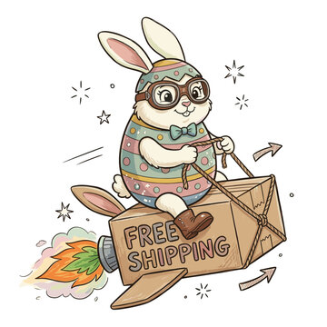 Easter free shipping promotion with bunny riding rocket box