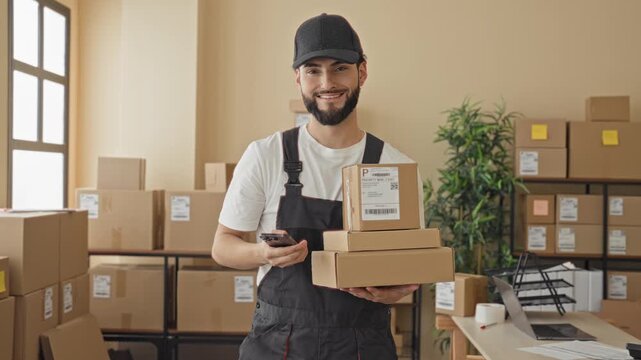 Man holding packages with hand while checking smartphone in warehouse building packing area, smiling and ready to deliver; dependable service duty.