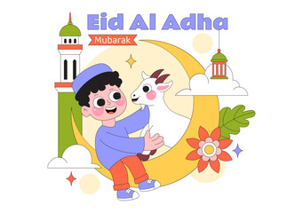 Obraz premium Eid Al Adha Vector Illustration Featuring Muslim Children, Mosque Background, Sheep Sacrifice Symbol, and Islamic Holiday Celebration Design
