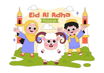 Naklejka premium Eid Al Adha Vector Illustration Featuring Muslim Children, Mosque Background, Sheep Sacrifice Symbol, and Islamic Holiday Celebration Design