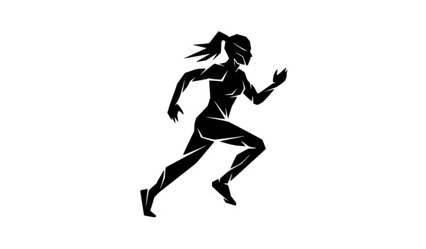 Geometric running woman silhouette vector with modern abstract female runner isolated on white