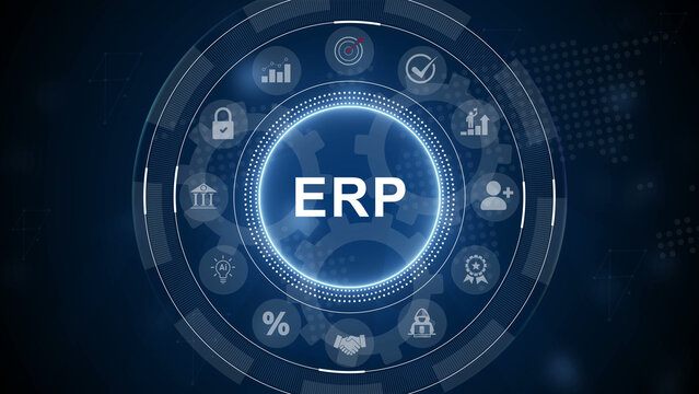 ERP &ndash; Enterprise Resource Planning. ERP concept head up display (HUD UI) panel and. 3d Motion graphics of technology icon interface background