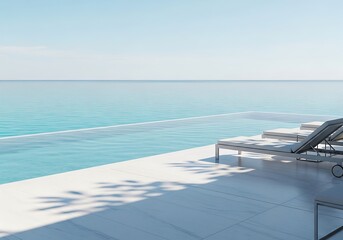 Fototapeta premium Serene ocean view with minimalist infinity pool and poolside lounge chairs