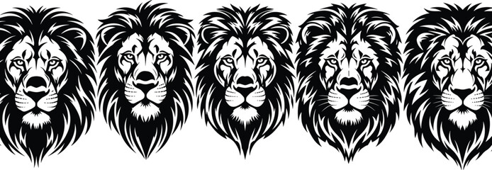 Lion head silhouette vector illustration, black and white animal clipart, symmetrical mane design, bold graphic style, outlined, fierce, tribal, majestic © Ideasy Mind
