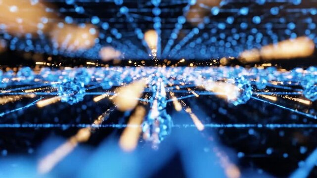 A vibrant, futuristic scene with glowing blue dots and lines radiating from the center, set against a dark background with hints of orange light