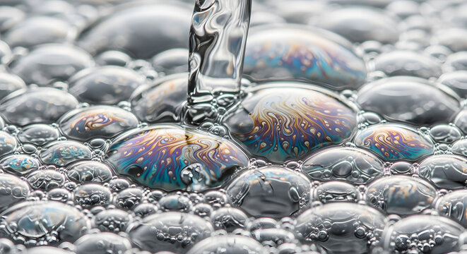 A close-up view of oil droplets floating on water with a stream of liquid pouring into the colorful bubbles Abstrack background