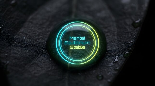 A single waterdrop on leaf with the words Mental Equilibrium Stable. The waterdrop itself has a cool glow, which gives an intriguing look
