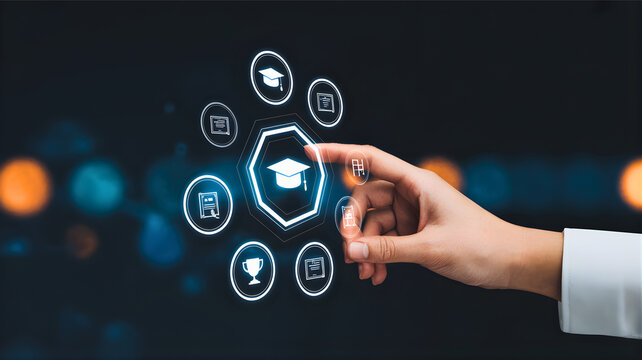 Digital learning and online education concept with a hand interacting with a futuristic interface displaying educational icons