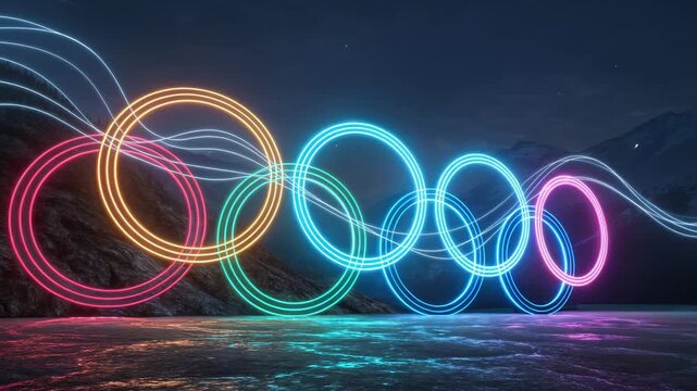 Interlocking Neon Rings Glowing at Night with Wavy Lines Abstract Background