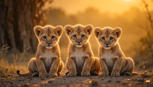 A picture of cute feline siblings in an African setting features three lion cubs sitting in golden sunshine.