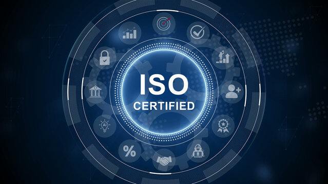 ISO certified quality management concept with glowing text on industrial metal gears. 3d Motion graphics of technology icon interface background