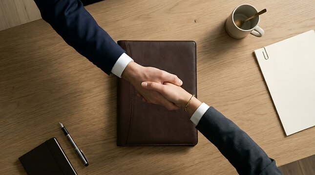 A top down view of a professional agreement hand-shake between two business partners across a wooden desk with a leather portfolio and office supplies