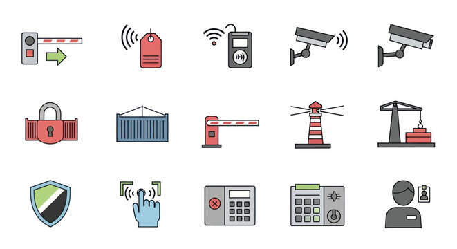 Security & Access Control Icons: Gates, Cameras, Locks, Lighthouse, Crane, Shield, Fingerprint