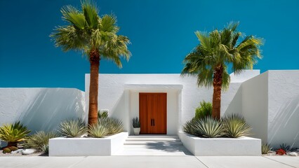 Fototapeta premium Modern Symmetrical White Stucco Desert Villa with Palm Trees and Xeriscape