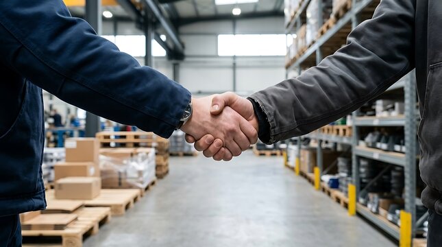 Two business professionals finalizing a deal with an agreement hand-shake in a modern warehouse distribution center among shelving units and inventory