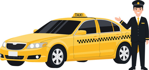 Cartoon illustration of yellow taxi cab with professional smiling driver in uniform standing beside vehicle, urban transportation service concept for city travel and taxi business © MstMarufa