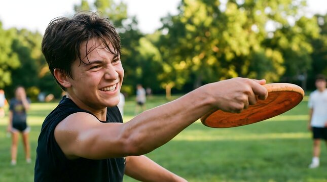 Energetic Young Man with a Determined Smile Throwing a Frisbee in a Sunny Park
