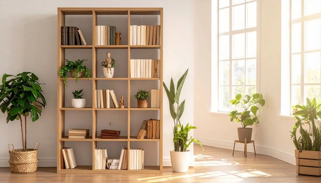 Bright and airy living room with a large wooden bookshelf filled with books and plants, bathed in natural sunlight.